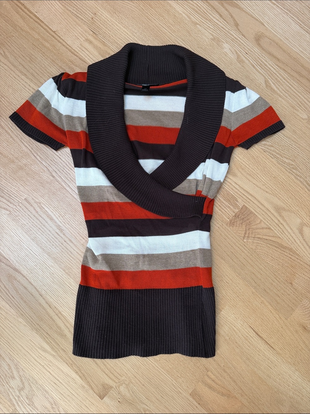 Brown/Orange/White Striped Short Sleeve Wrap Sweater